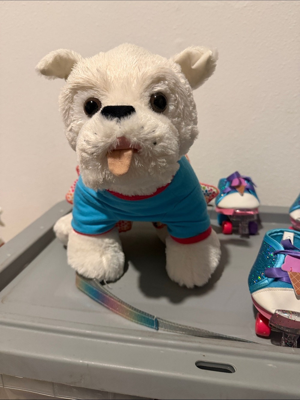 Build a bear Plush White Dog Toy with Blue Shirt - Soft Stuffed Pet